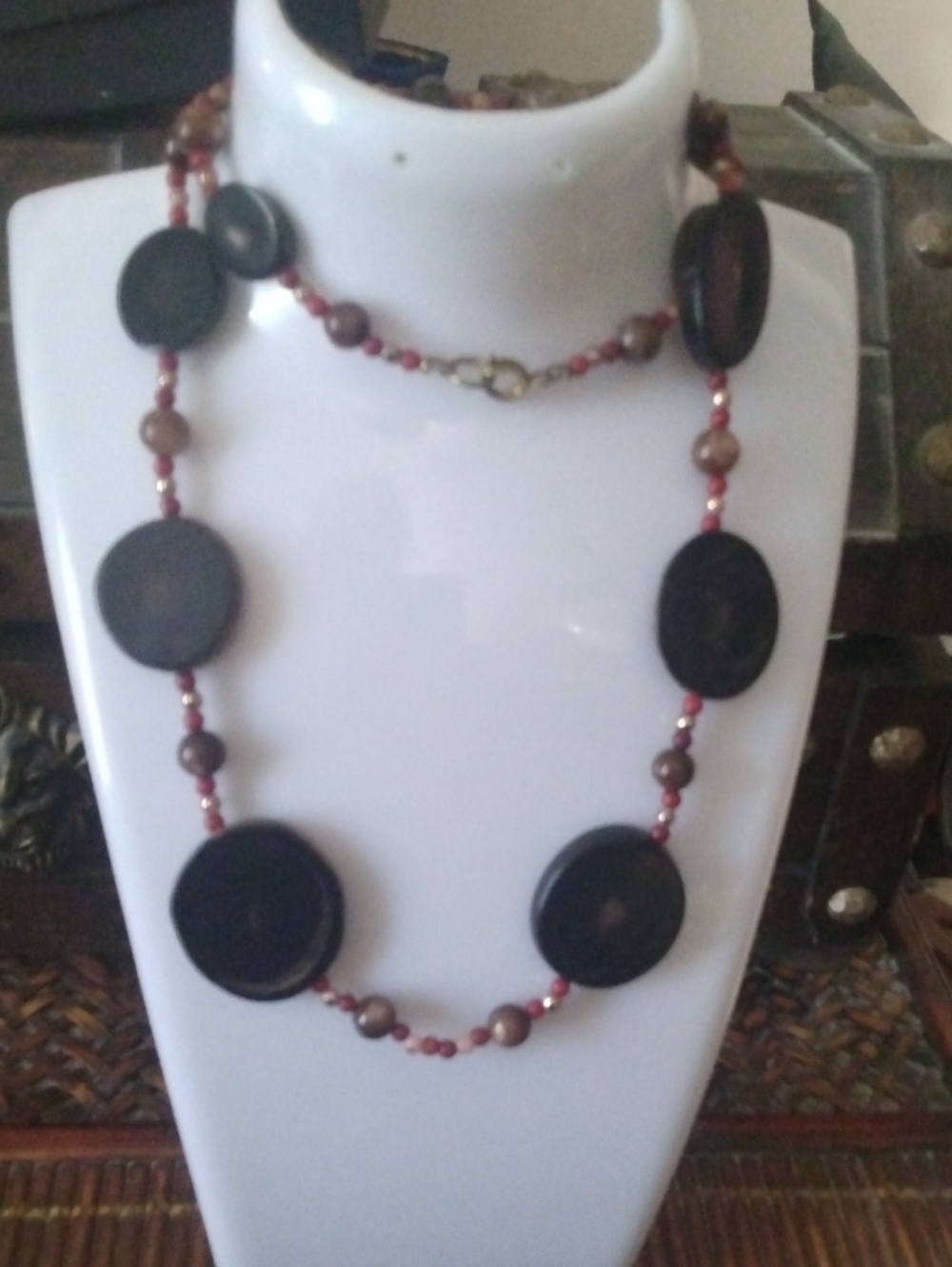Black Horn And Red  Beaded Statement Necklace Vintage